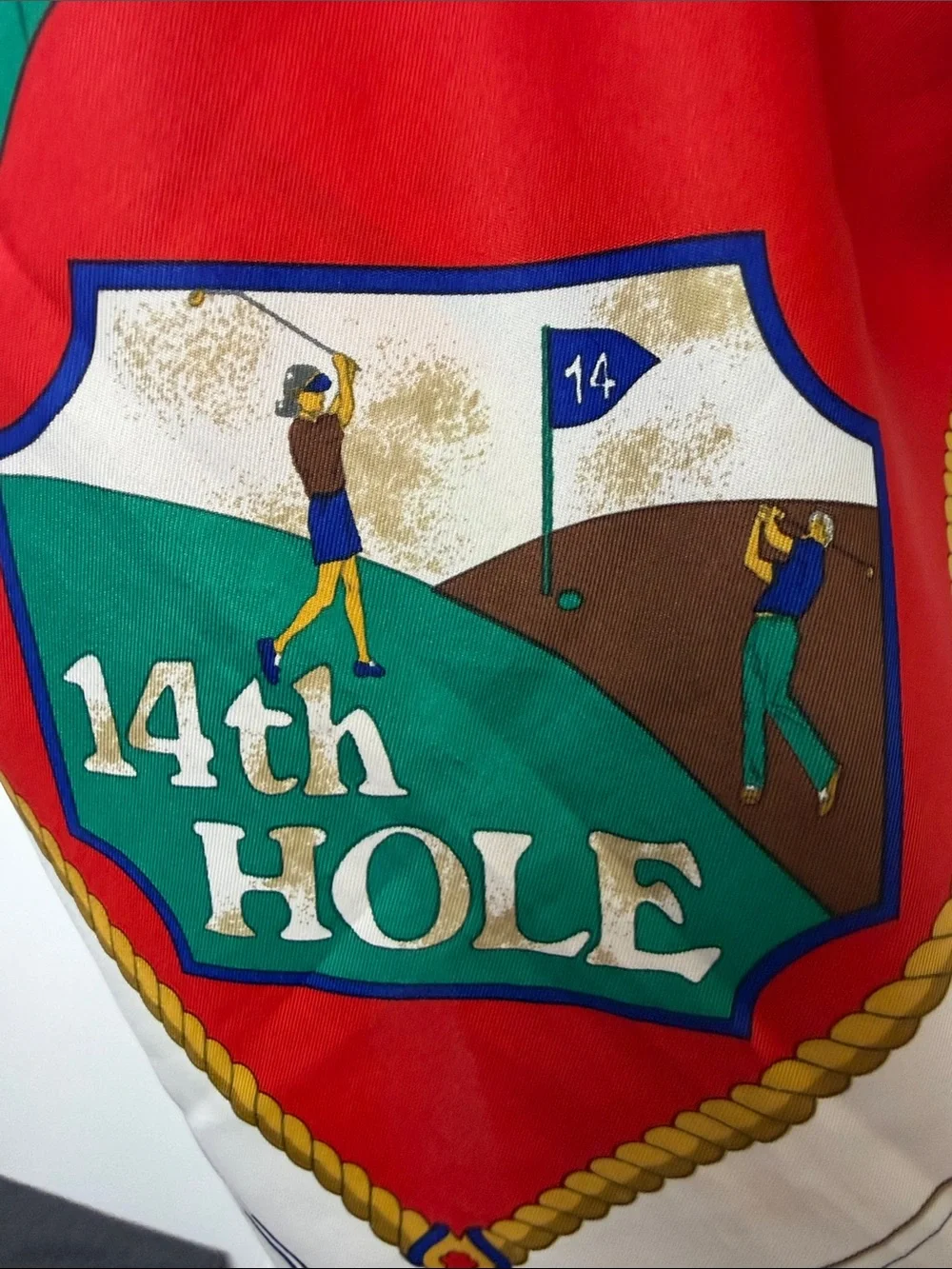 Vintage Brooks Brothers Red Golf-Themed Silk Scarf with Green, Blue & Gold